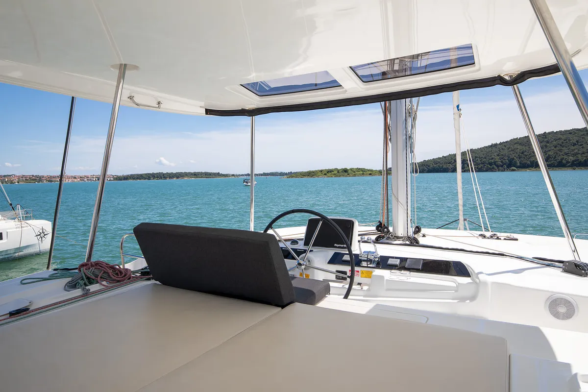 Cockpit of Manta Maris, a Lagoon 46 catamaran at Općina Medulin, Croatia