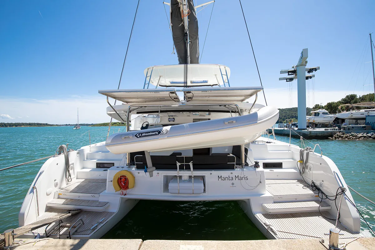 Exterior view of Manta Maris, a Lagoon 46 catamaran at Općina Medulin, Croatia