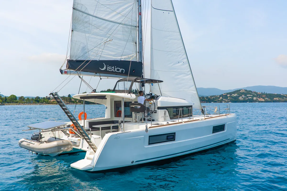 Exterior view of Thalasea, a Lagoon 40 catamaran at Kontokali, Greece