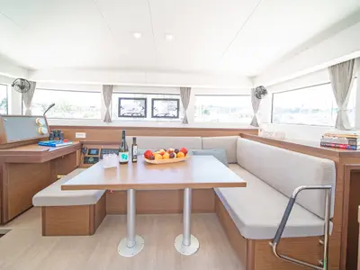Salon of Thalasea, a Lagoon 40 catamaran at Kontokali, Greece
