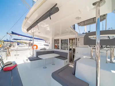 Deck of Thalasea, a Lagoon 40 catamaran at Kontokali, Greece