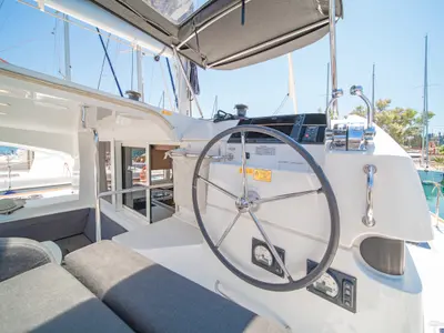 Cockpit of Thalasea, a Lagoon 40 catamaran at Kontokali, Greece
