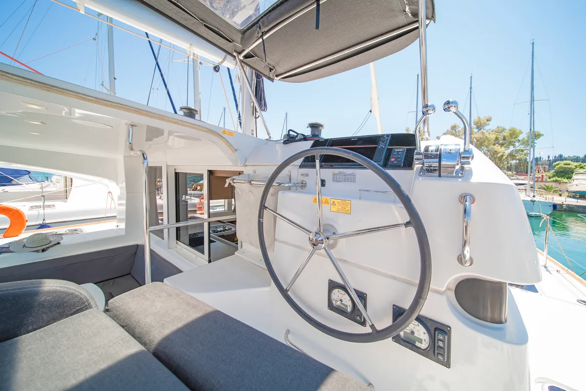 Cockpit of Thalasea, a Lagoon 40 catamaran at Kontokali, Greece