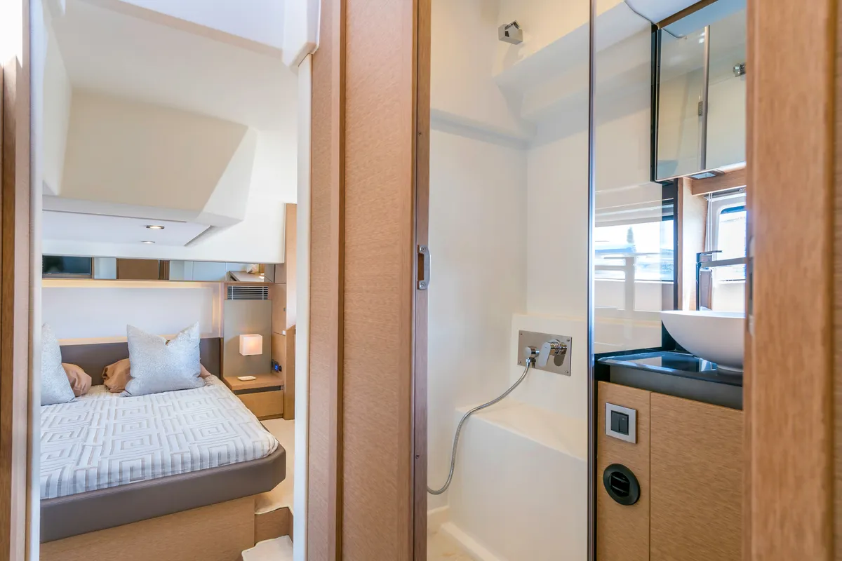 Cabin on ALuMa D.B., a Prestige 460 motorboat at Castellammare di Stabia, Italy