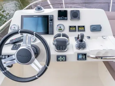 Cockpit of ALuMa D.B., a Prestige 460 motorboat at Castellammare di Stabia, Italy