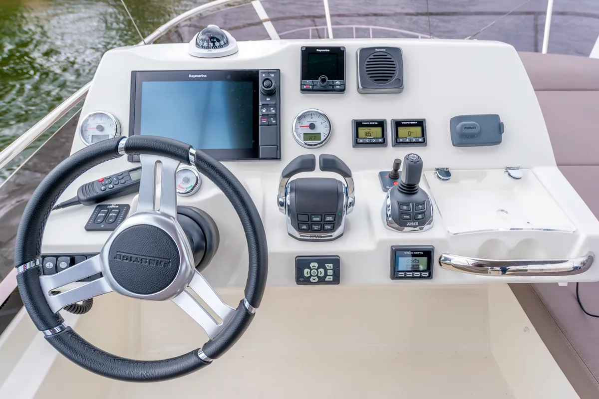 Cockpit of ALuMa D.B., a Prestige 460 motorboat at Castellammare di Stabia, Italy