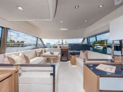 Salon of ALuMa D.B., a Prestige 460 motorboat at Castellammare di Stabia, Italy