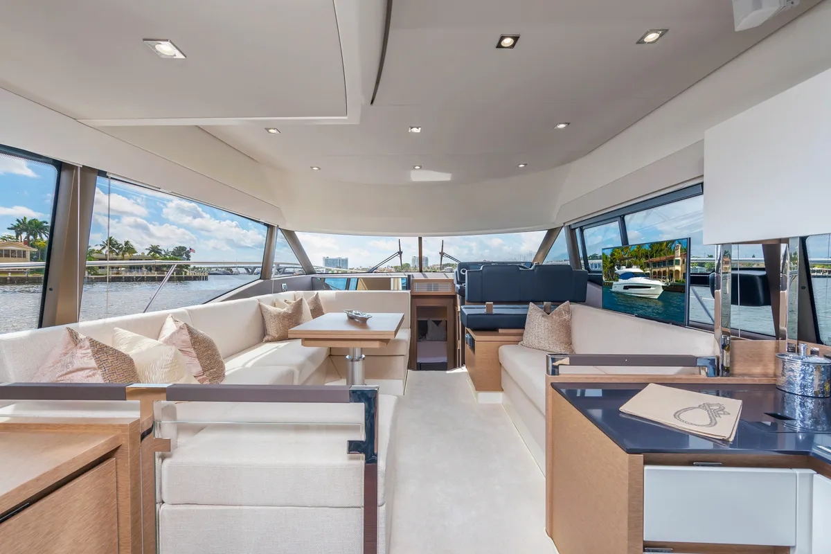 Salon of ALuMa D.B., a Prestige 460 motorboat at Castellammare di Stabia, Italy