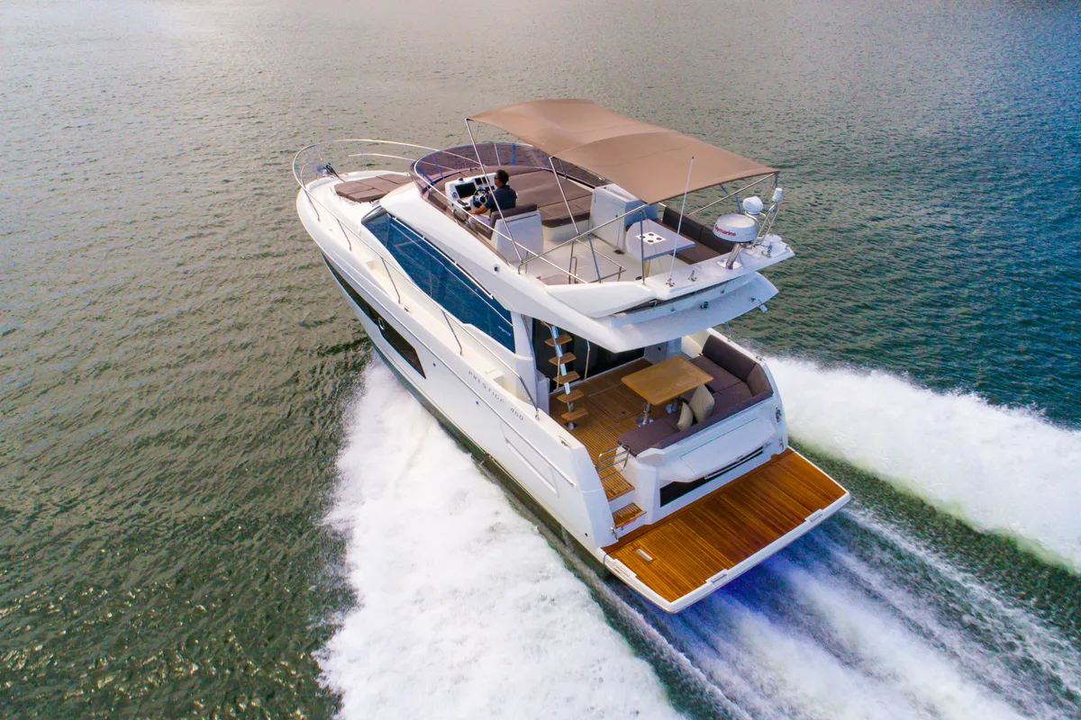Exterior view of ALuMa D.B., a Prestige 460 motorboat at Castellammare di Stabia, Italy