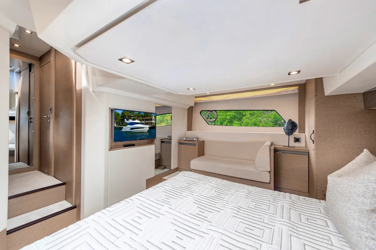 Cabin on ALuMa D.B., a Prestige 460 motorboat at Castellammare di Stabia, Italy