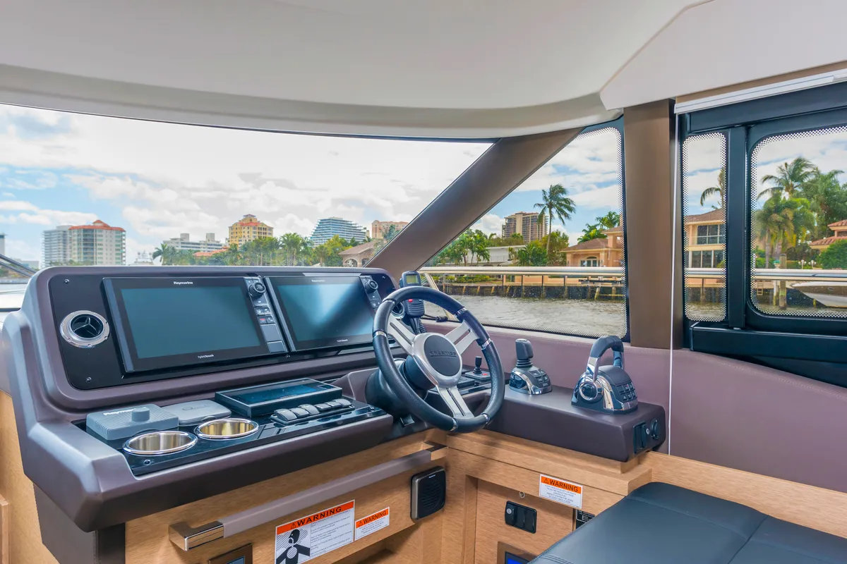 Cockpit of ALuMa D.B., a Prestige 460 motorboat at Castellammare di Stabia, Italy