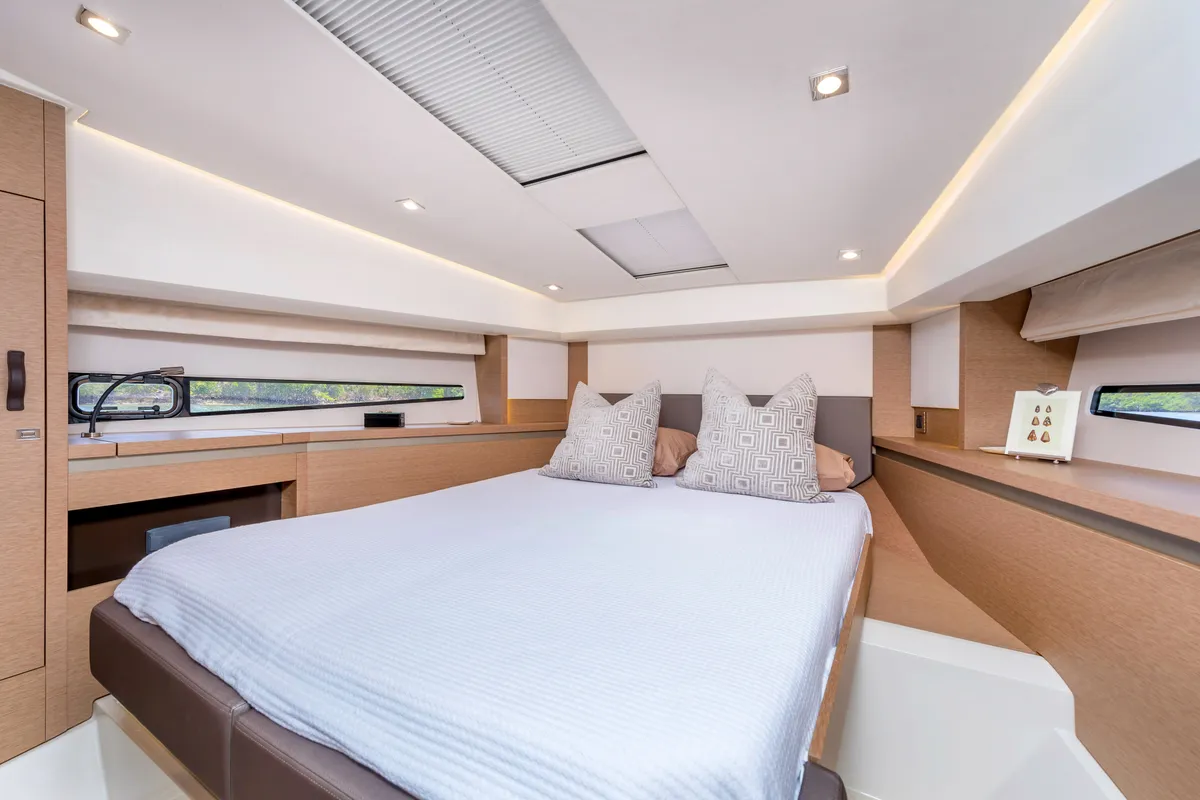 Cabin on ALuMa D.B., a Prestige 460 motorboat at Castellammare di Stabia, Italy