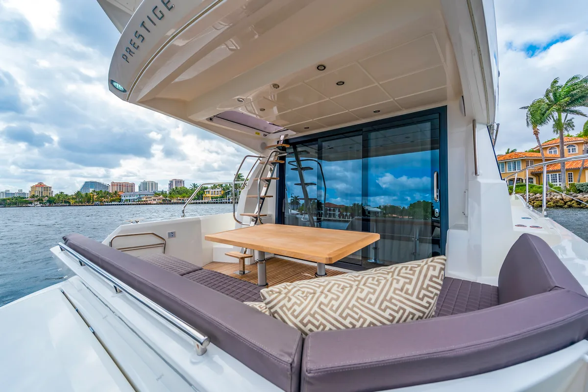 Deck of ALuMa D.B., a Prestige 460 motorboat at Castellammare di Stabia, Italy