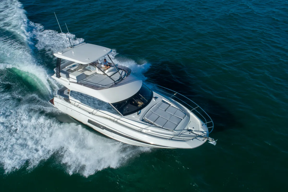 Exterior view of ALuMa D.B., a Prestige 460 motorboat at Castellammare di Stabia, Italy