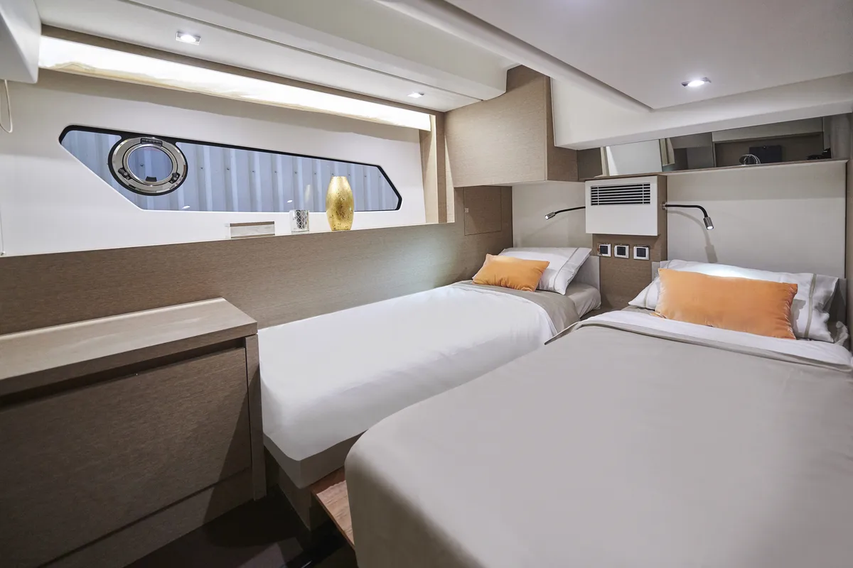 Cabin on ALuMa D.B., a Prestige 460 motorboat at Castellammare di Stabia, Italy