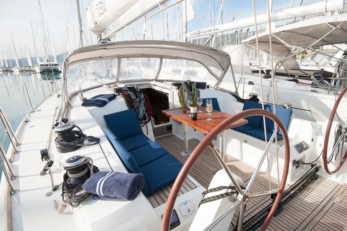 Cockpit of CHARYBDIS, a Beneteau First 45 sailboat at Grad Kaštela, Croatia