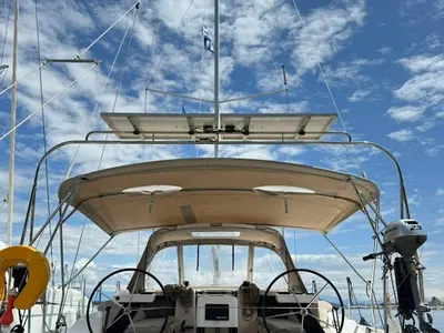Cockpit of Theodora, a Dufour 390 sailboat at Preveza, Greece