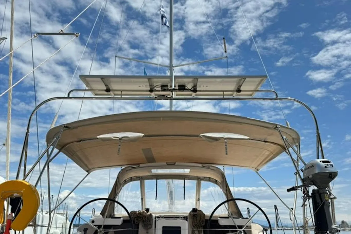 Cockpit of Theodora, a Dufour 390 sailboat at Preveza, Greece