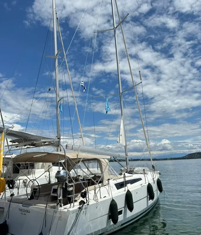 Deck of Theodora, a Dufour 390 sailboat at Preveza, Greece