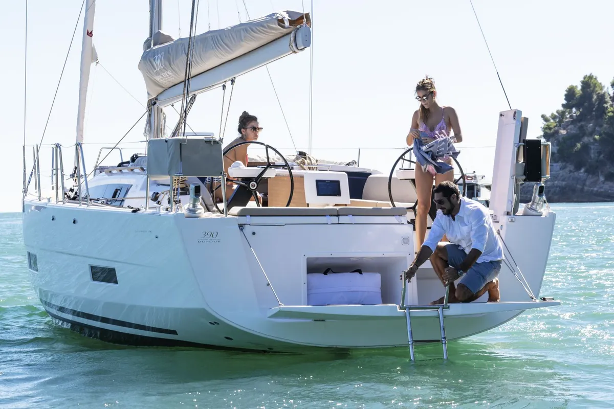 Exterior view of Theodora, a Dufour 390 sailboat at Preveza, Greece