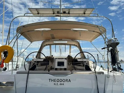 Cockpit of Theodora, a Dufour 390 sailboat at Preveza, Greece