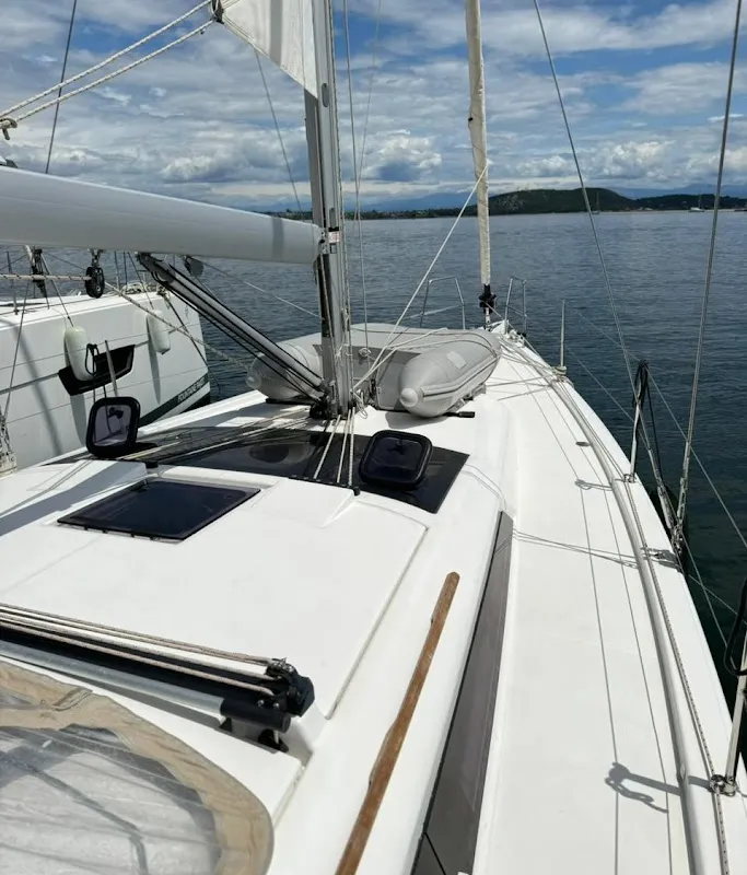 Deck of Theodora, a Dufour 390 sailboat at Preveza, Greece