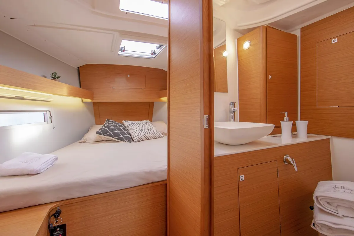 Cabin on Theodora, a Dufour 390 sailboat at Preveza, Greece