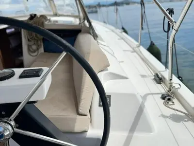 Deck of Theodora, a Dufour 390 sailboat at Preveza, Greece
