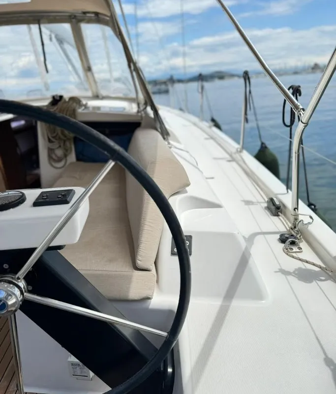 Deck of Theodora, a Dufour 390 sailboat at Preveza, Greece