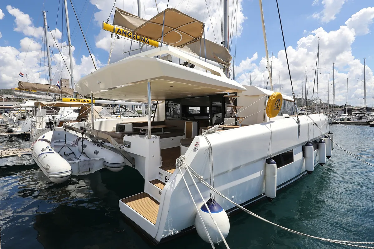 Exterior view of Be Mine, a Dufour 48 Catamaran catamaran at Općina Rogoznica, Croatia
