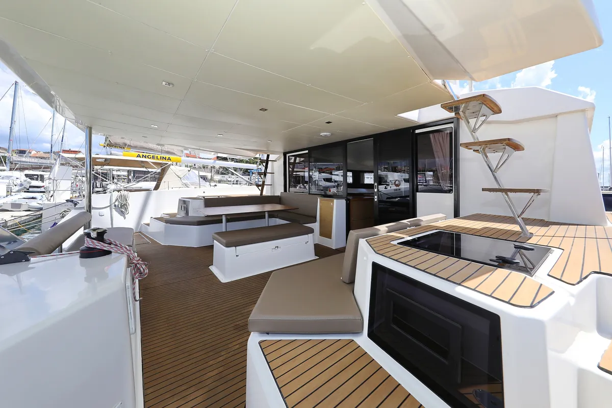 Deck of Be Mine, a Dufour 48 Catamaran catamaran at Općina Rogoznica, Croatia