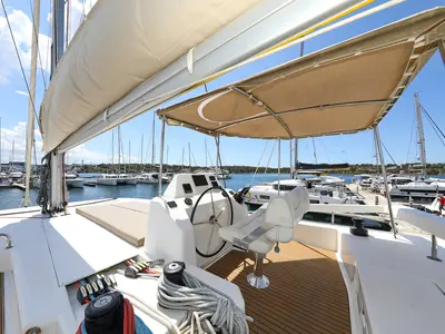 Cockpit of Be Mine, a Dufour 48 Catamaran catamaran at Općina Rogoznica, Croatia