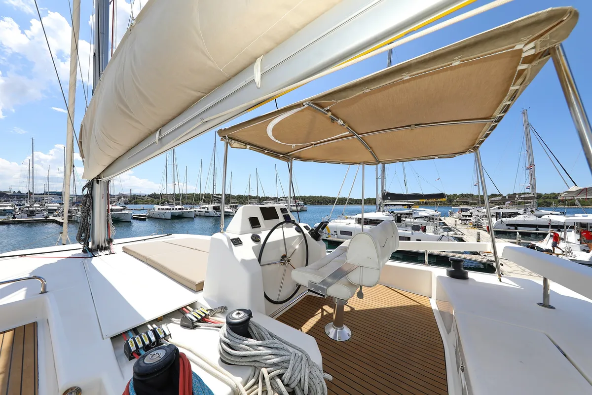 Cockpit of Be Mine, a Dufour 48 Catamaran catamaran at Općina Rogoznica, Croatia