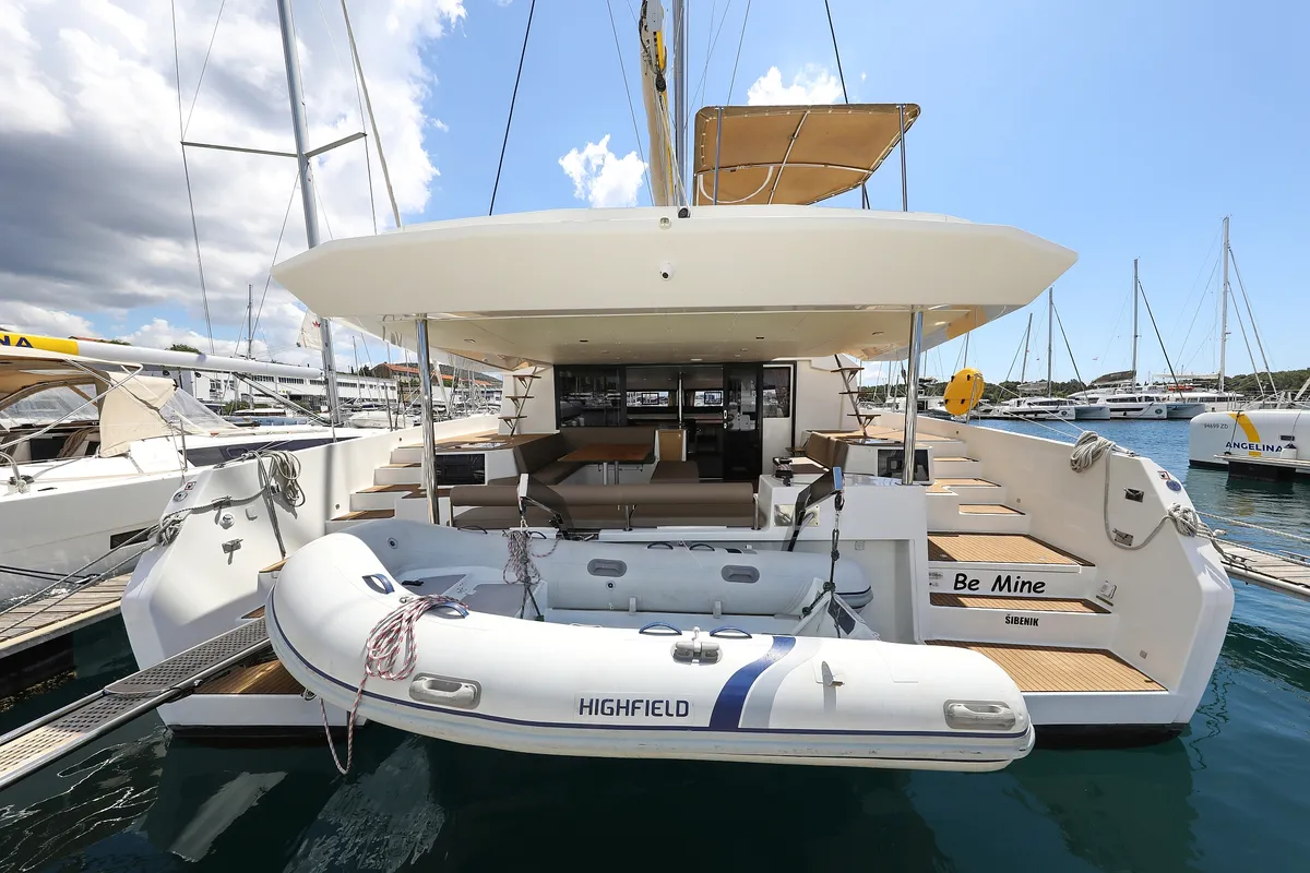 Exterior view of Be Mine, a Dufour 48 Catamaran catamaran at Općina Rogoznica, Croatia