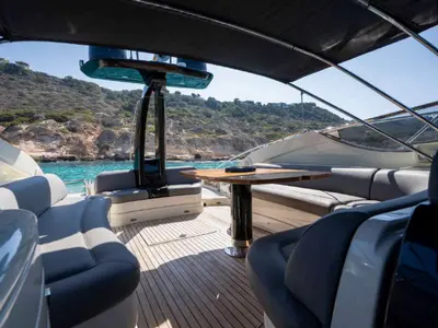 Deck of Headquarters, a Riva 63 Virtus motor yacht at Palma de Mallorca, Spain