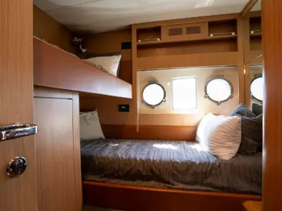 Cabin on Headquarters, a Riva 63 Virtus motor yacht at Palma de Mallorca, Spain