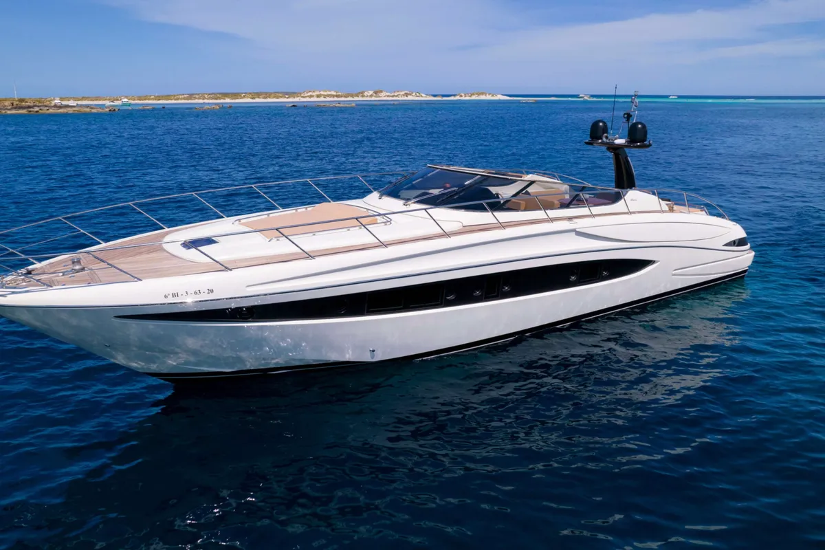 Exterior view of Headquarters, a Riva 63 Virtus motor yacht at Palma de Mallorca, Spain