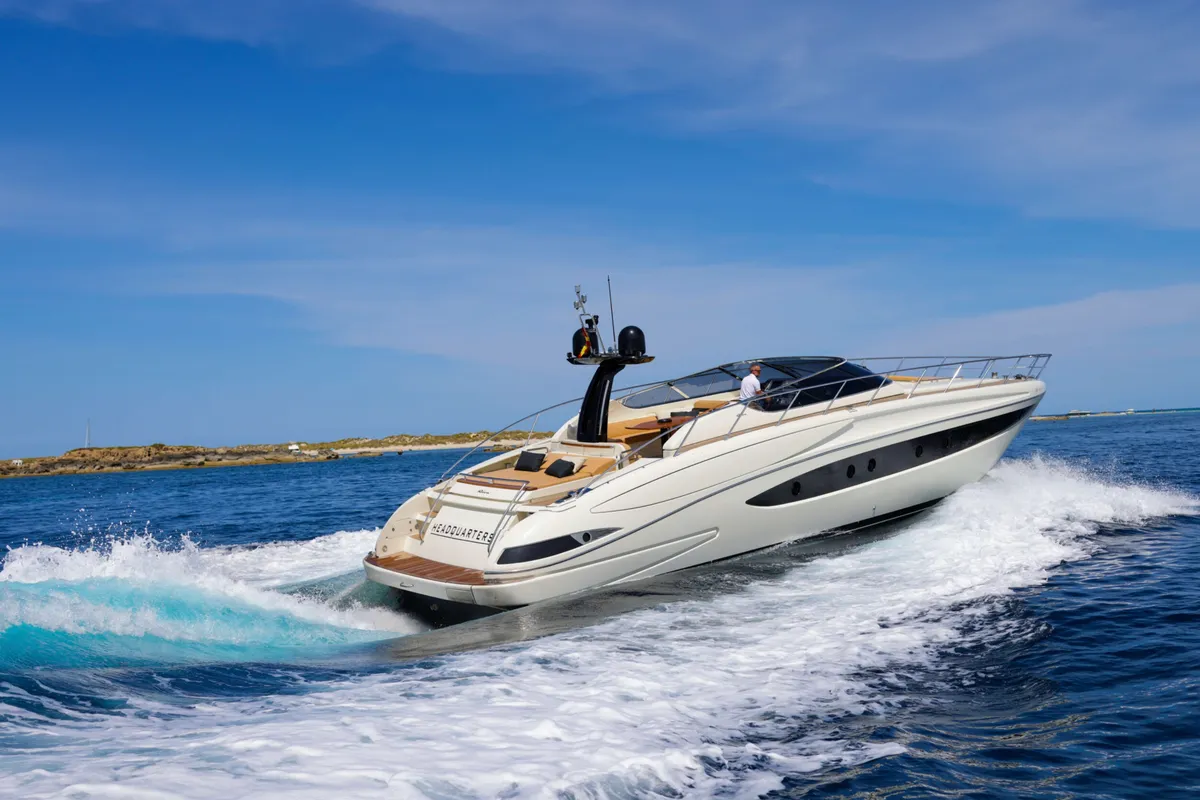 Exterior view of Headquarters, a Riva 63 Virtus motor yacht at Palma de Mallorca, Spain
