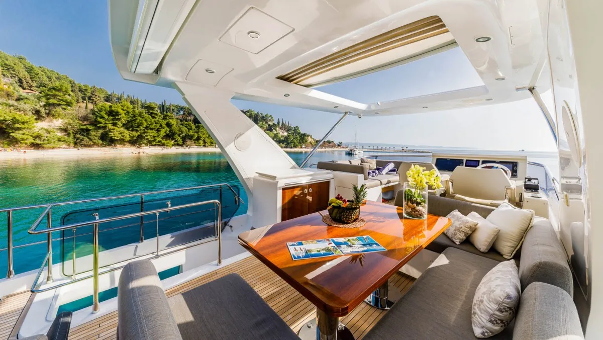 Deck of My Karat II, a Azimut 66 motor yacht at Grad Kaštela, Croatia