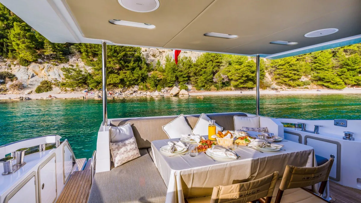 Deck of My Karat II, a Azimut 66 motor yacht at Grad Kaštela, Croatia