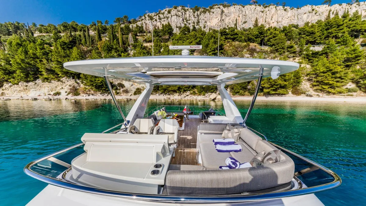 Deck of My Karat II, a Azimut 66 motor yacht at Grad Kaštela, Croatia