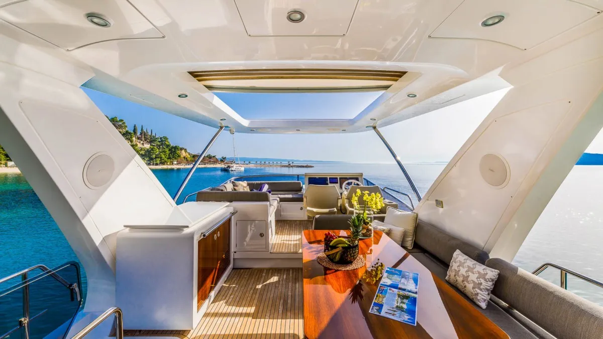 Deck of My Karat II, a Azimut 66 motor yacht at Grad Kaštela, Croatia
