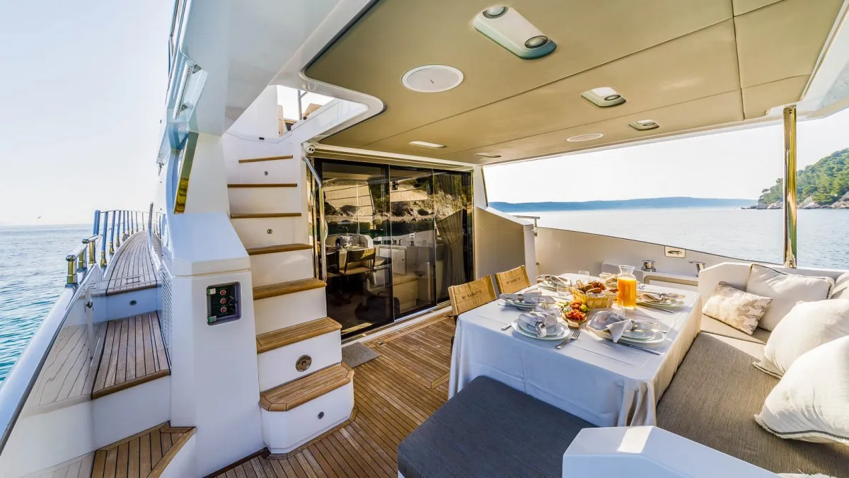 Deck of My Karat II, a Azimut 66 motor yacht at Grad Kaštela, Croatia