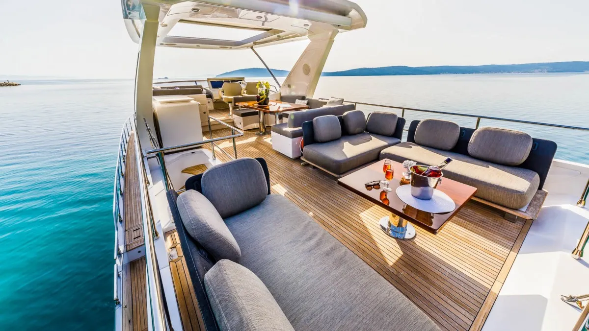 Deck of My Karat II, a Azimut 66 motor yacht at Grad Kaštela, Croatia