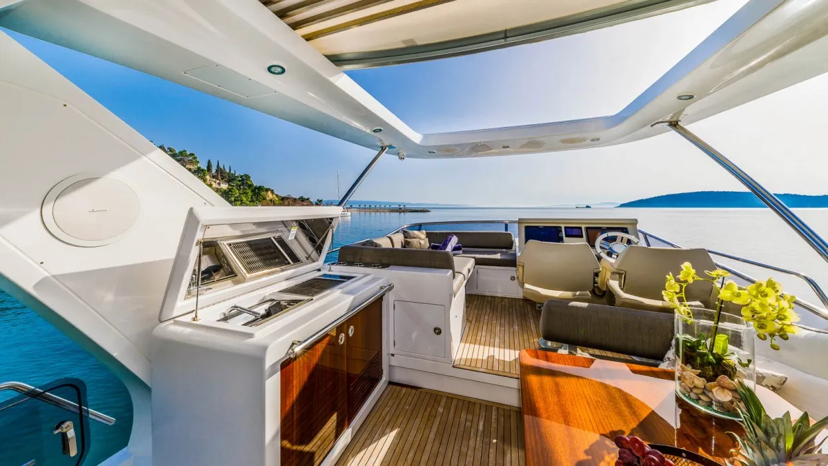 Deck of My Karat II, a Azimut 66 motor yacht at Grad Kaštela, Croatia