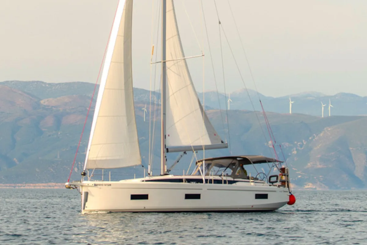 Exterior view of Karpouzi, a Bavaria C42 sailboat at Preveza, Greece