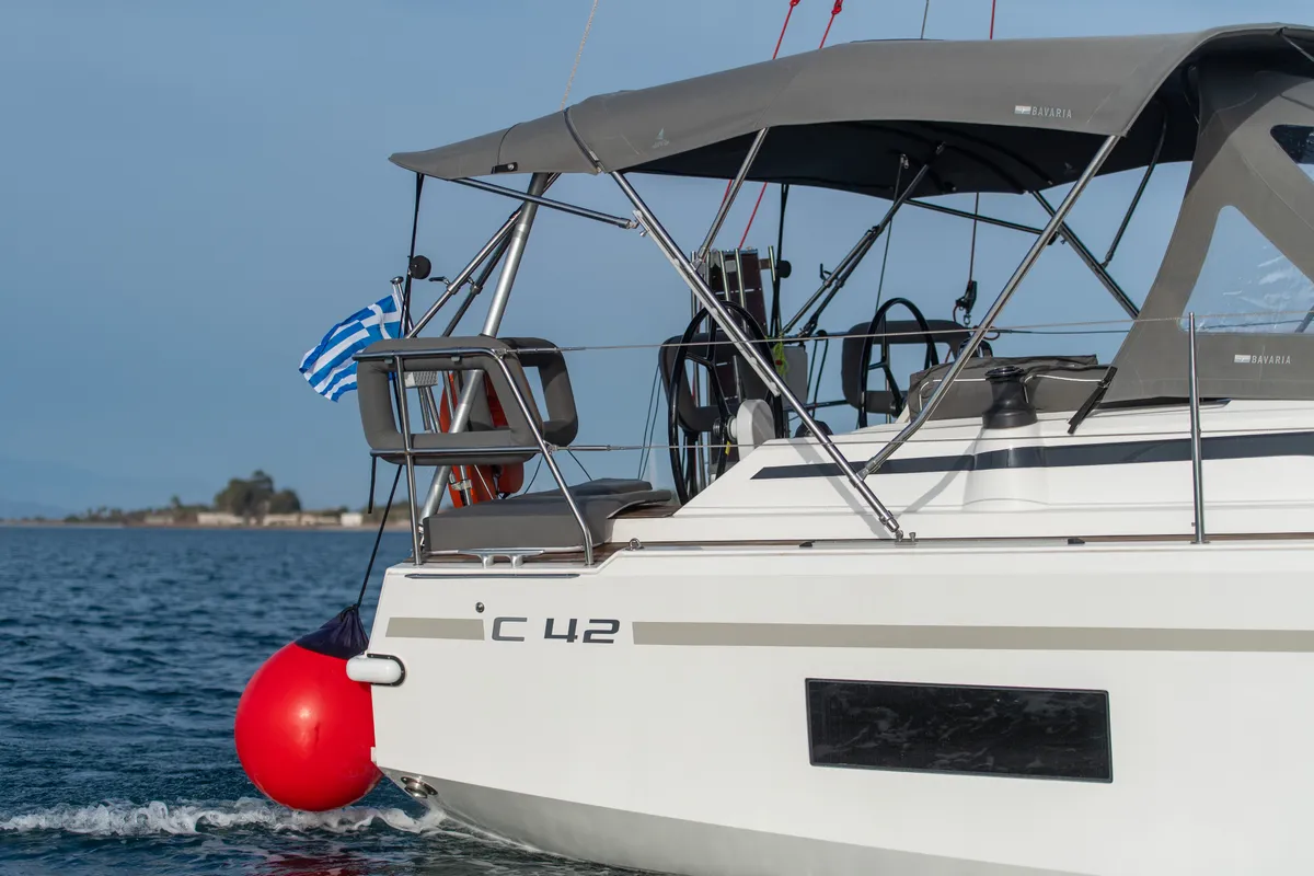 Exterior view of Karpouzi, a Bavaria C42 sailboat at Preveza, Greece