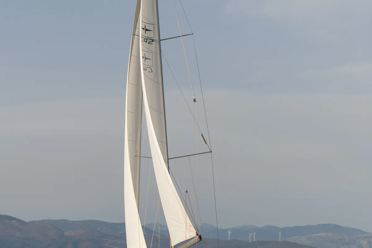 Exterior view of Karpouzi, a Bavaria C42 sailboat at Preveza, Greece