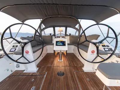 Cockpit of Karpouzi, a Bavaria C42 sailboat at Preveza, Greece