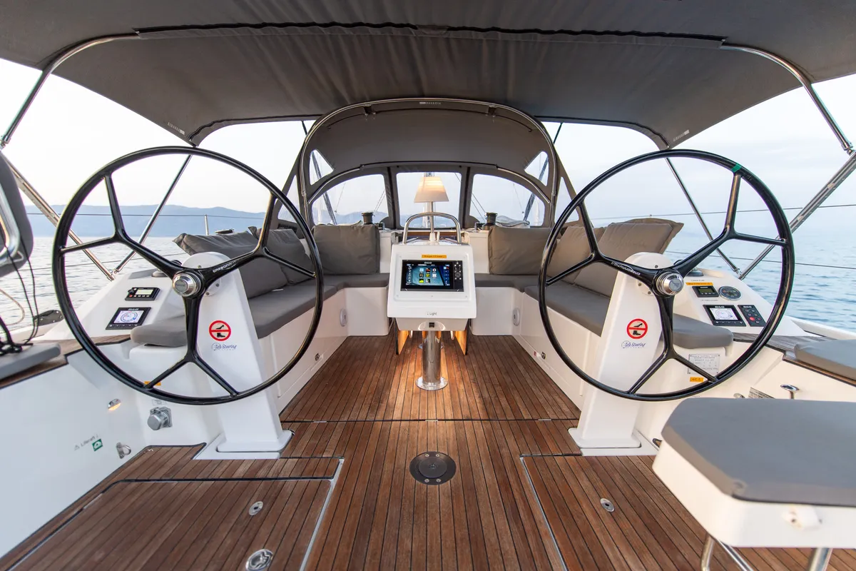 Cockpit of Karpouzi, a Bavaria C42 sailboat at Preveza, Greece